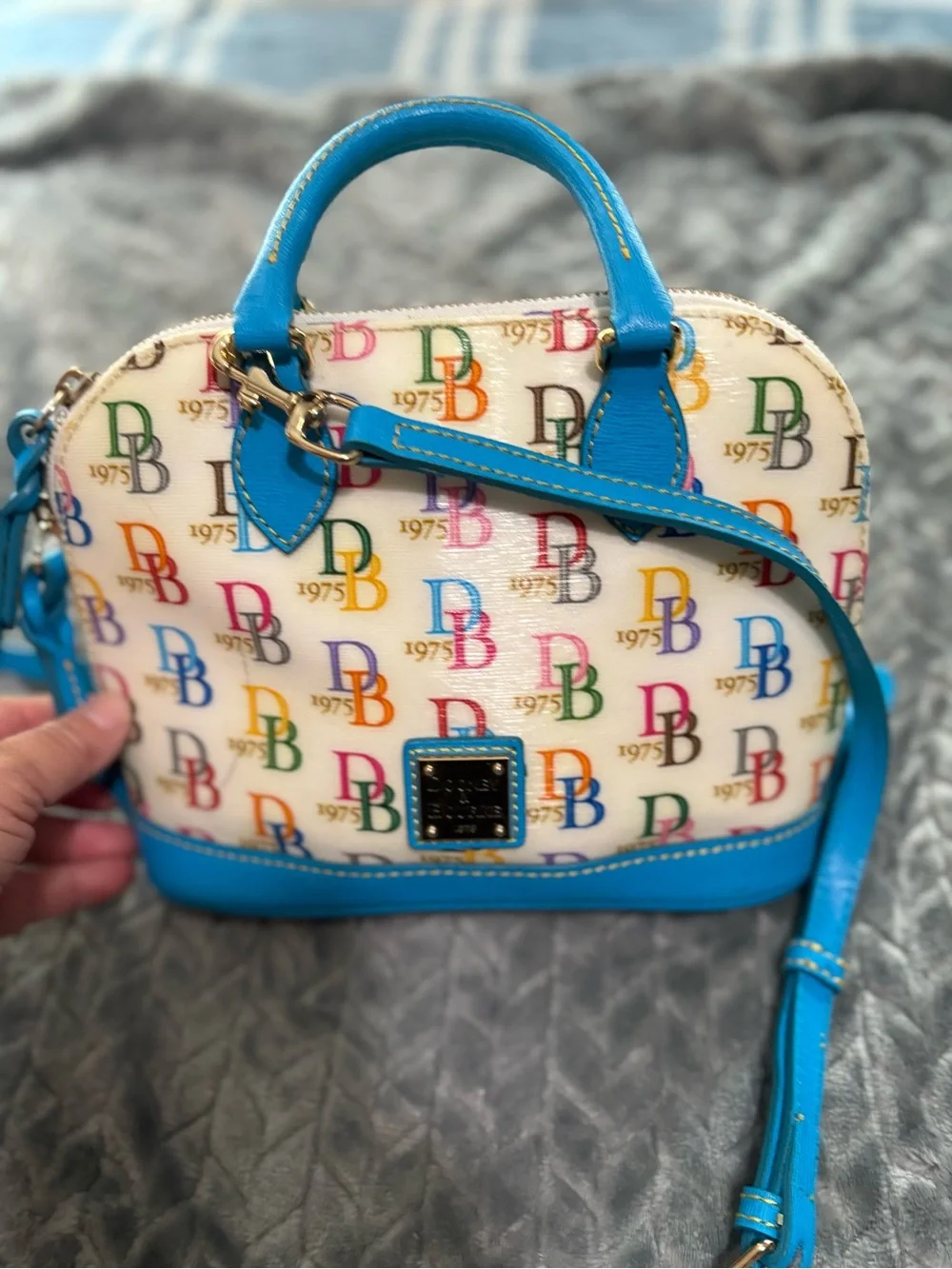 Dooney & Bourke 1975 Logo Bag Domed Crossbody Ruby Top Handle Wht/ Multi Zip Top